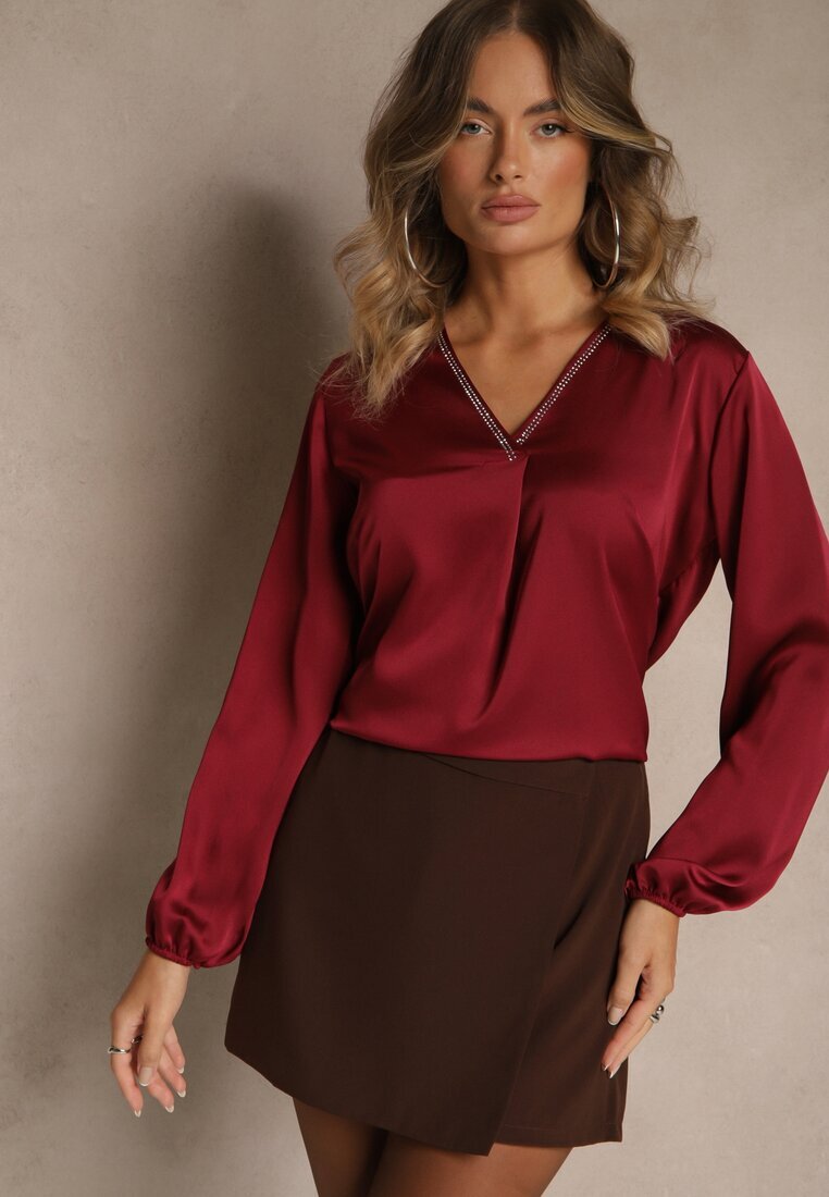 Made in Italy Bluză Vișinie de Satin cu Decolteu Triunghiular Meli