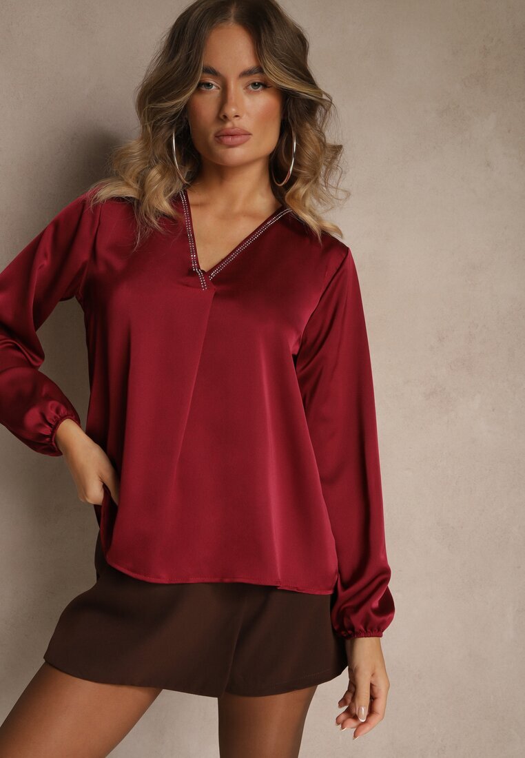 Made in Italy Bluză Vișinie de Satin cu Decolteu Triunghiular Meli