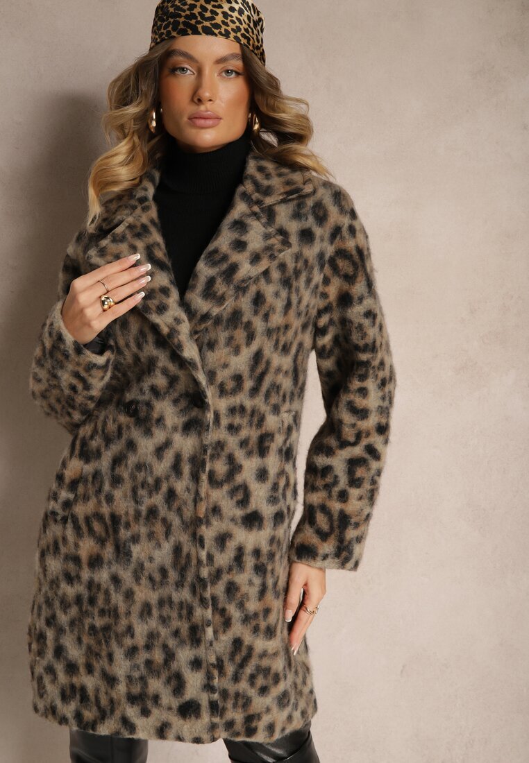 Made in Italy Palton Bej Cu Imprimeu De Leopard Cu Două Rânduri De Nasturi Cu Buzunare Inserate Niarelith
