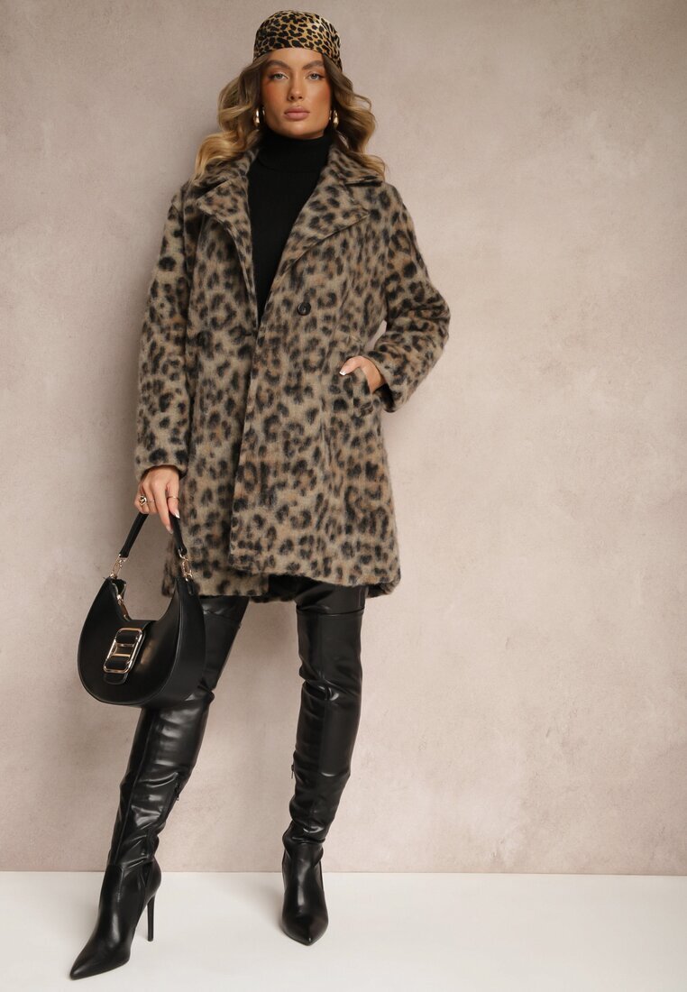 Made in Italy Palton Bej Cu Imprimeu De Leopard Cu Două Rânduri De Nasturi Cu Buzunare Inserate Niarelith