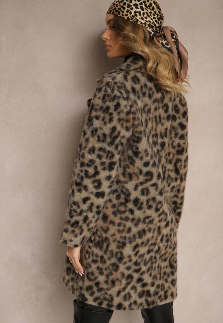 Made in Italy Palton Bej Cu Imprimeu De Leopard Cu Două Rânduri De Nasturi Cu Buzunare Inserate Niarelith
