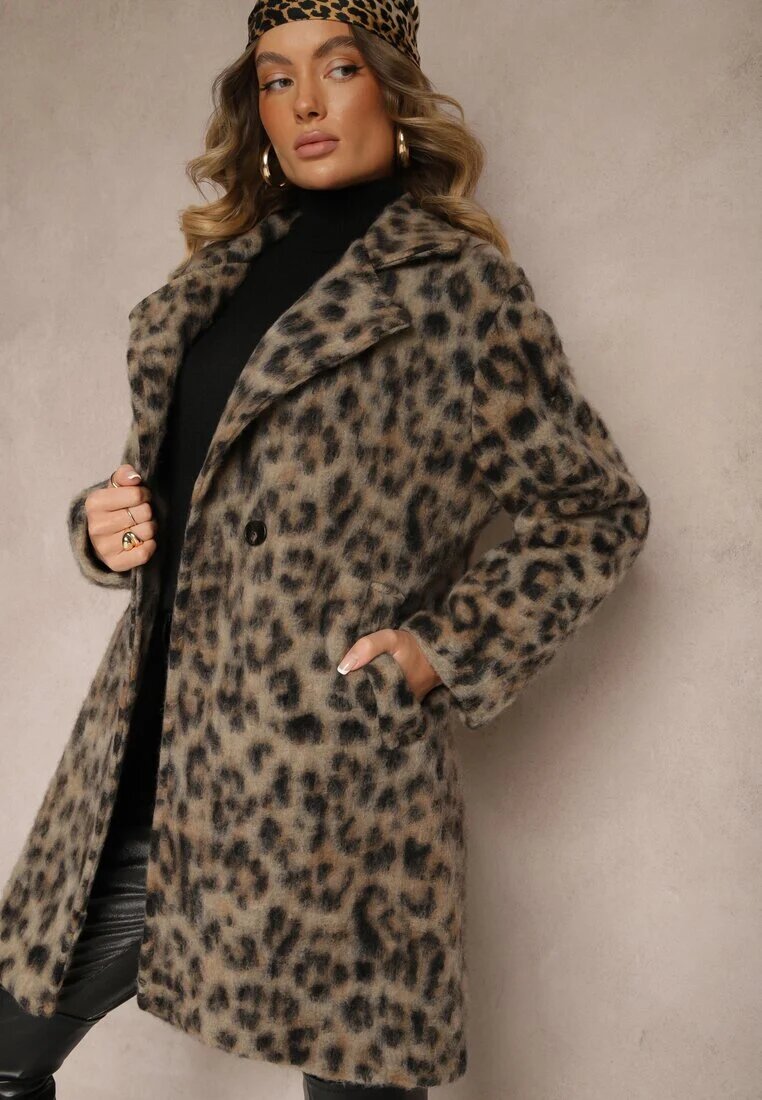 Made in Italy Palton Bej Cu Imprimeu De Leopard Cu Două Rânduri De Nasturi Cu Buzunare Inserate Niarelith