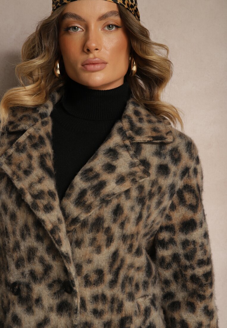 Made in Italy Palton Bej Cu Imprimeu De Leopard Cu Două Rânduri De Nasturi Cu Buzunare Inserate Niarelith