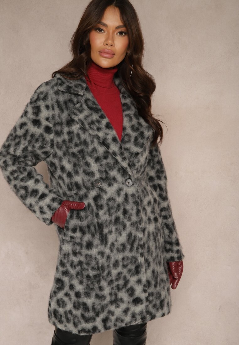 Made in Italy Palton Gri cu imprimeu leopard la două rânduri de nasturi cu buzunare laterale Niarelith