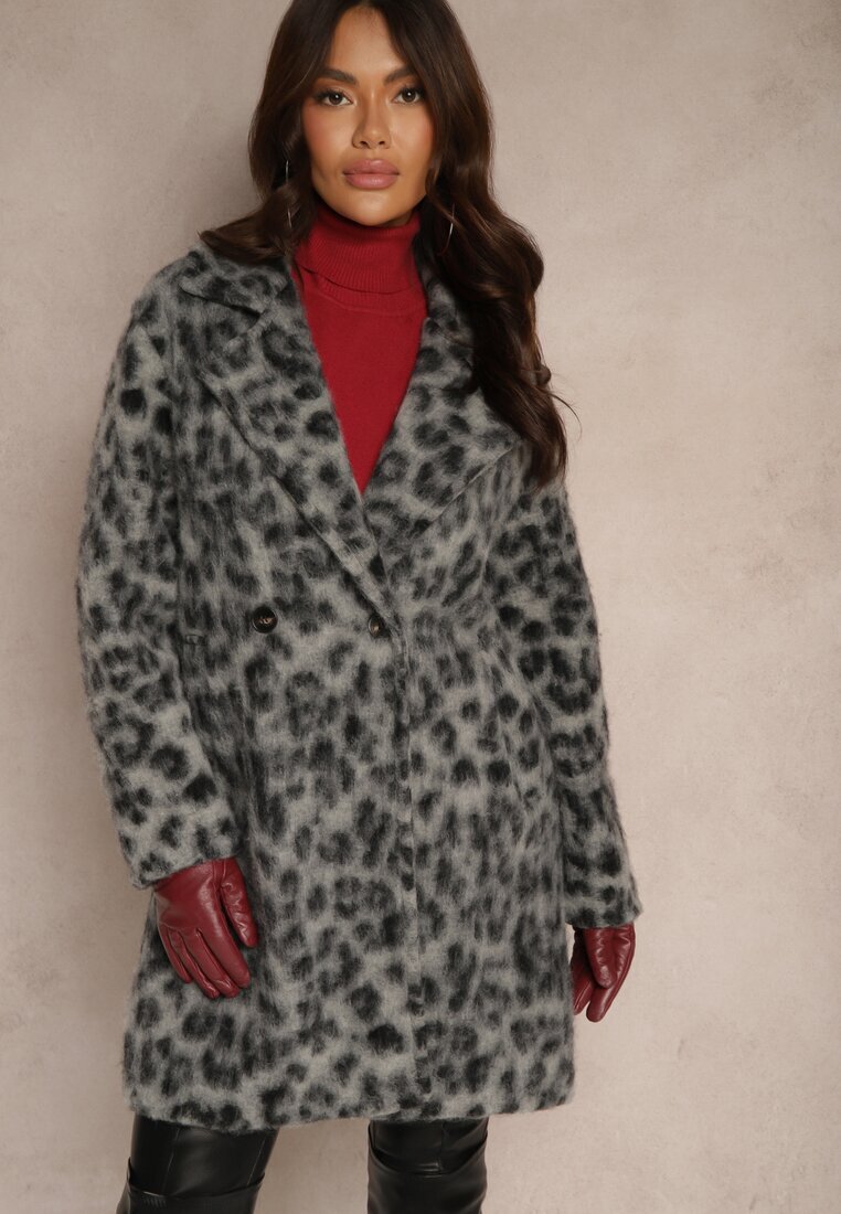 Made in Italy Palton Gri cu imprimeu leopard la două rânduri de nasturi cu buzunare laterale Niarelith