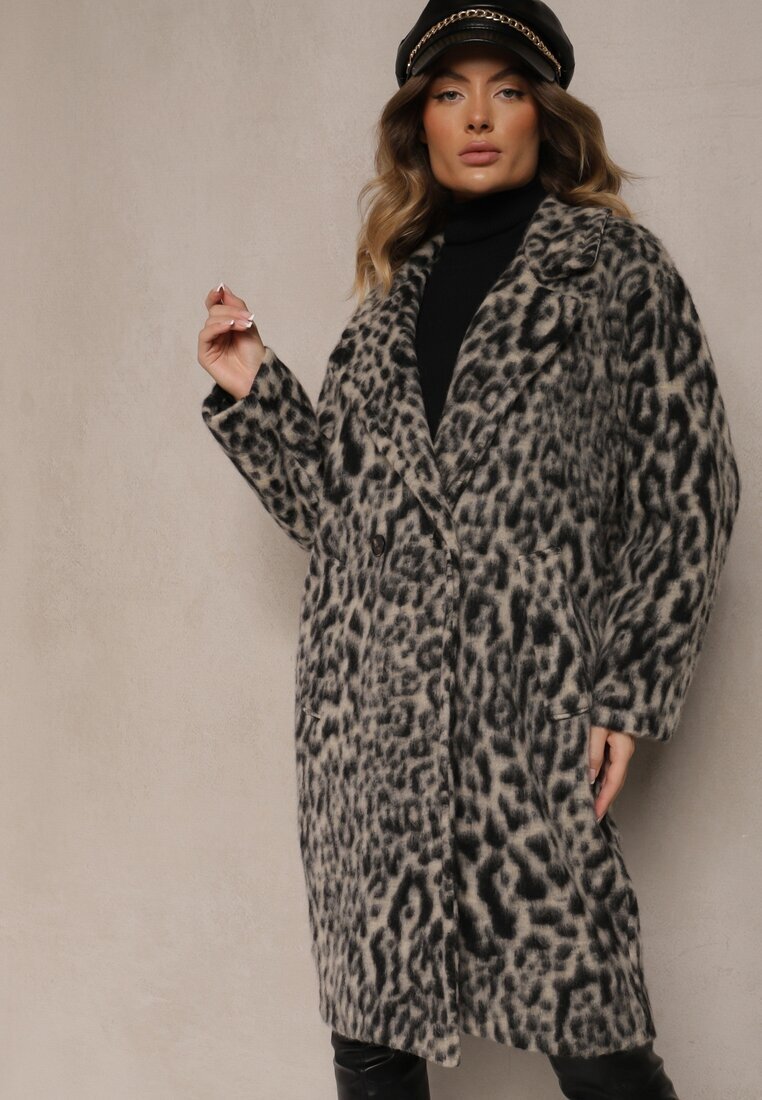 Made in Italy Palton Gri cu imprimeu leopard la două rânduri de nasturi Pesaltia
