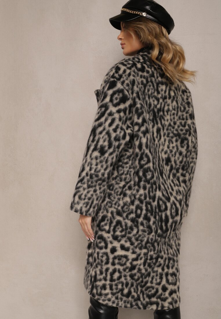 Made in Italy Palton Gri cu imprimeu leopard la două rânduri de nasturi Pesaltia