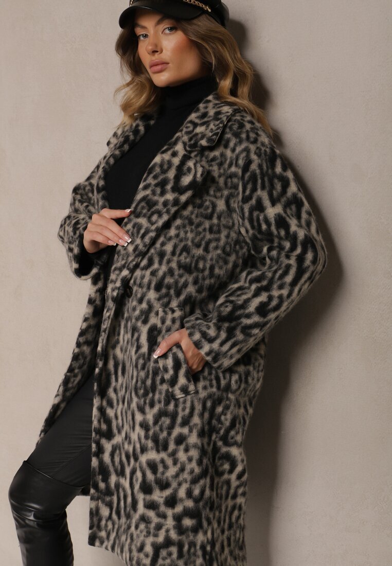 Made in Italy Palton Gri cu imprimeu leopard la două rânduri de nasturi Pesaltia