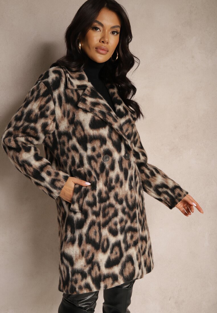Made in Italy Palton Maro Leopard Cu Două Rânduri De Nasturi Cu Buzunare Laterale Niarelith