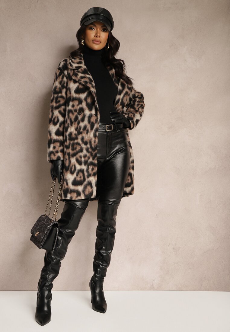 Made in Italy Palton Maro Leopard Cu Două Rânduri De Nasturi Cu Buzunare Laterale Niarelith