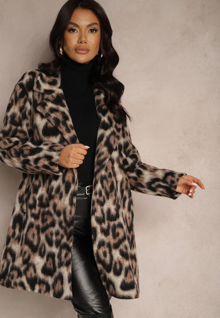 Made in Italy Palton Maro Leopard Cu Două Rânduri De Nasturi Cu Buzunare Laterale Niarelith