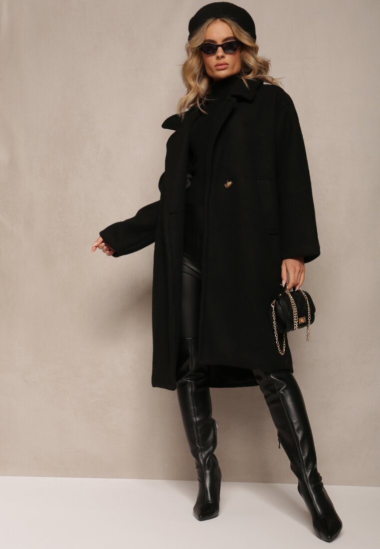 Made in Italy Palton Negru dublu Oversize cu Lână Spolete