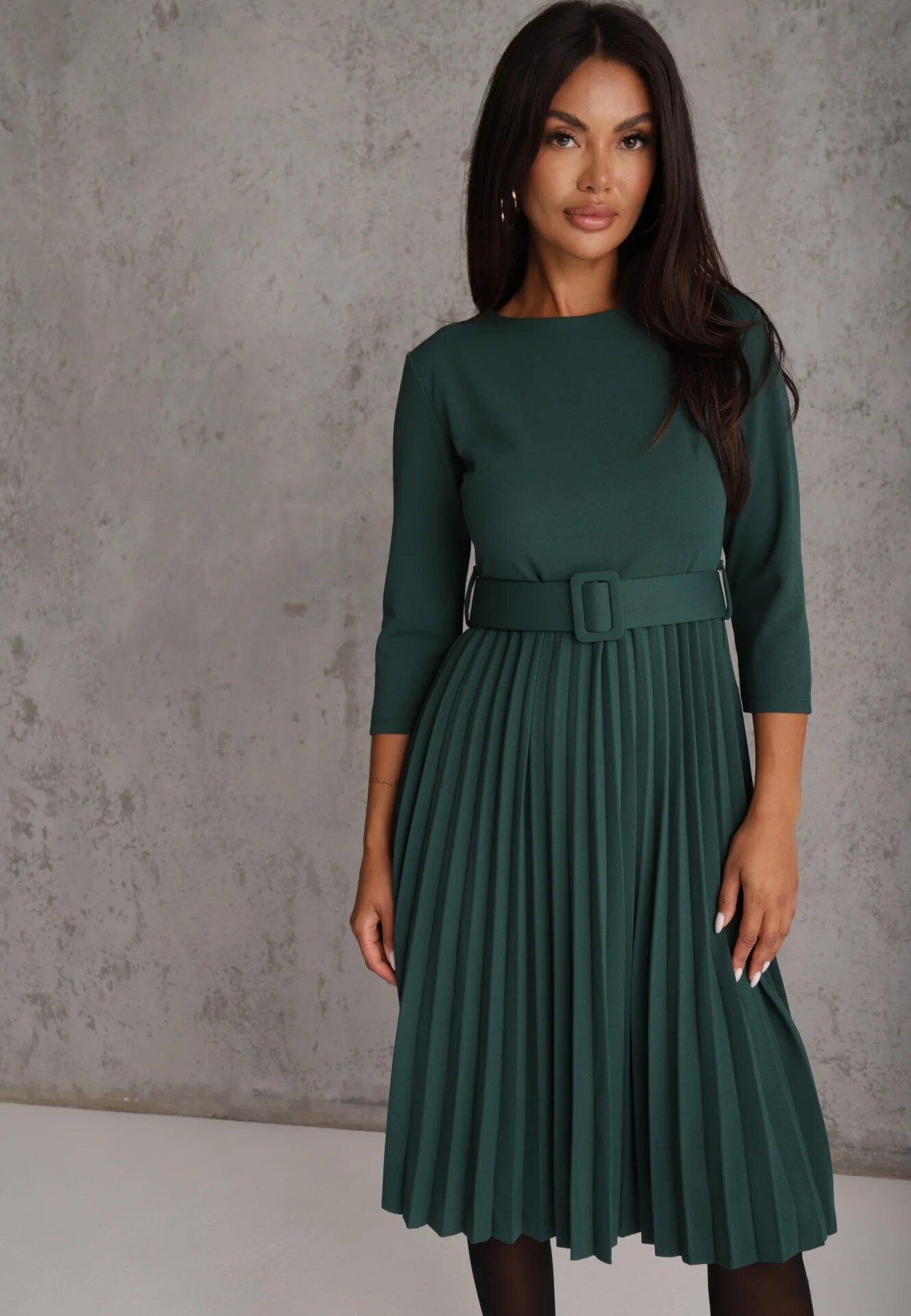 Made in Italy Rochie Verde închis Plisată cu croială evazată cu centură cu cataramă Annathiel