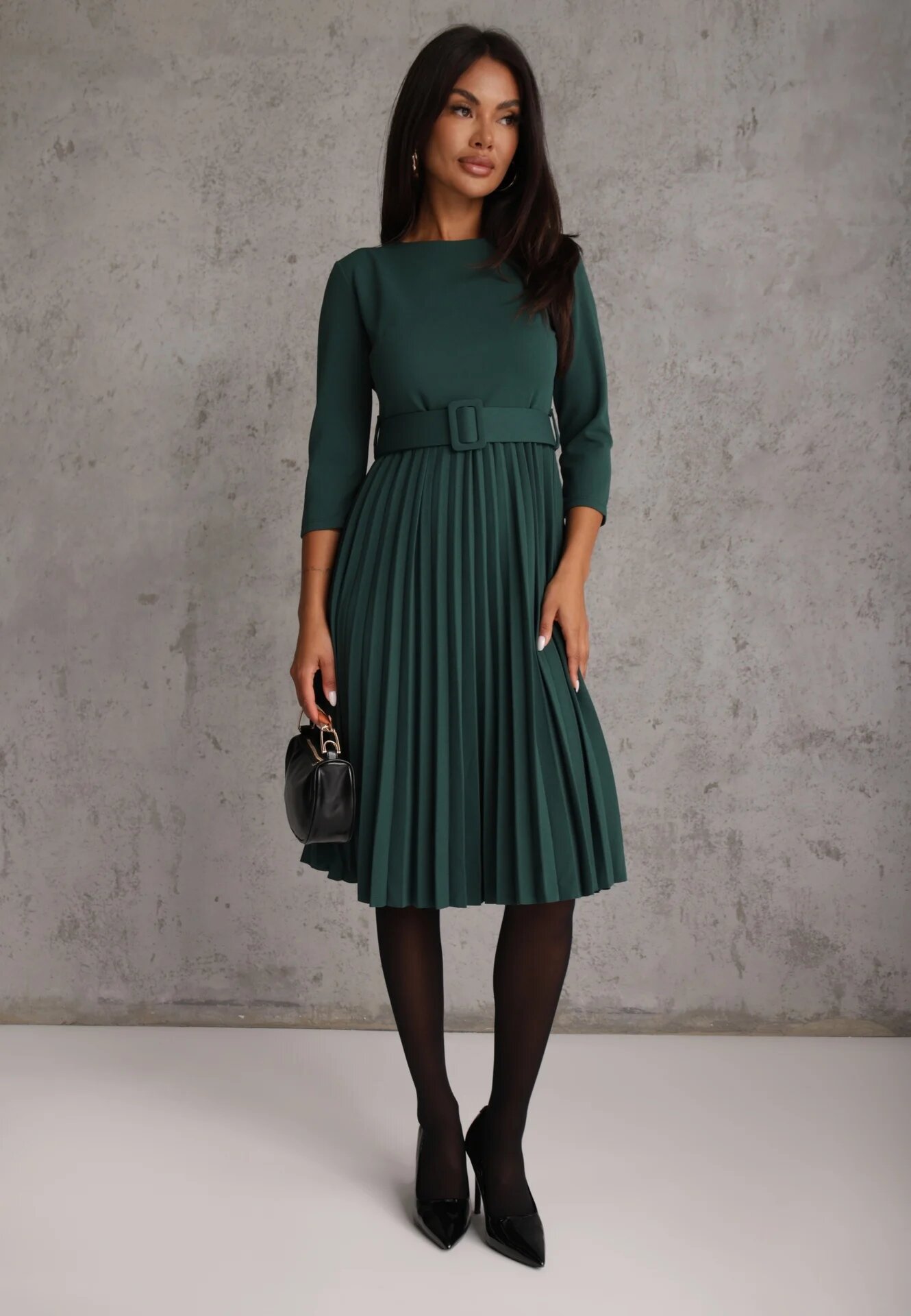 Made in Italy Rochie Verde închis Plisată cu croială evazată cu centură cu cataramă Annathiel
