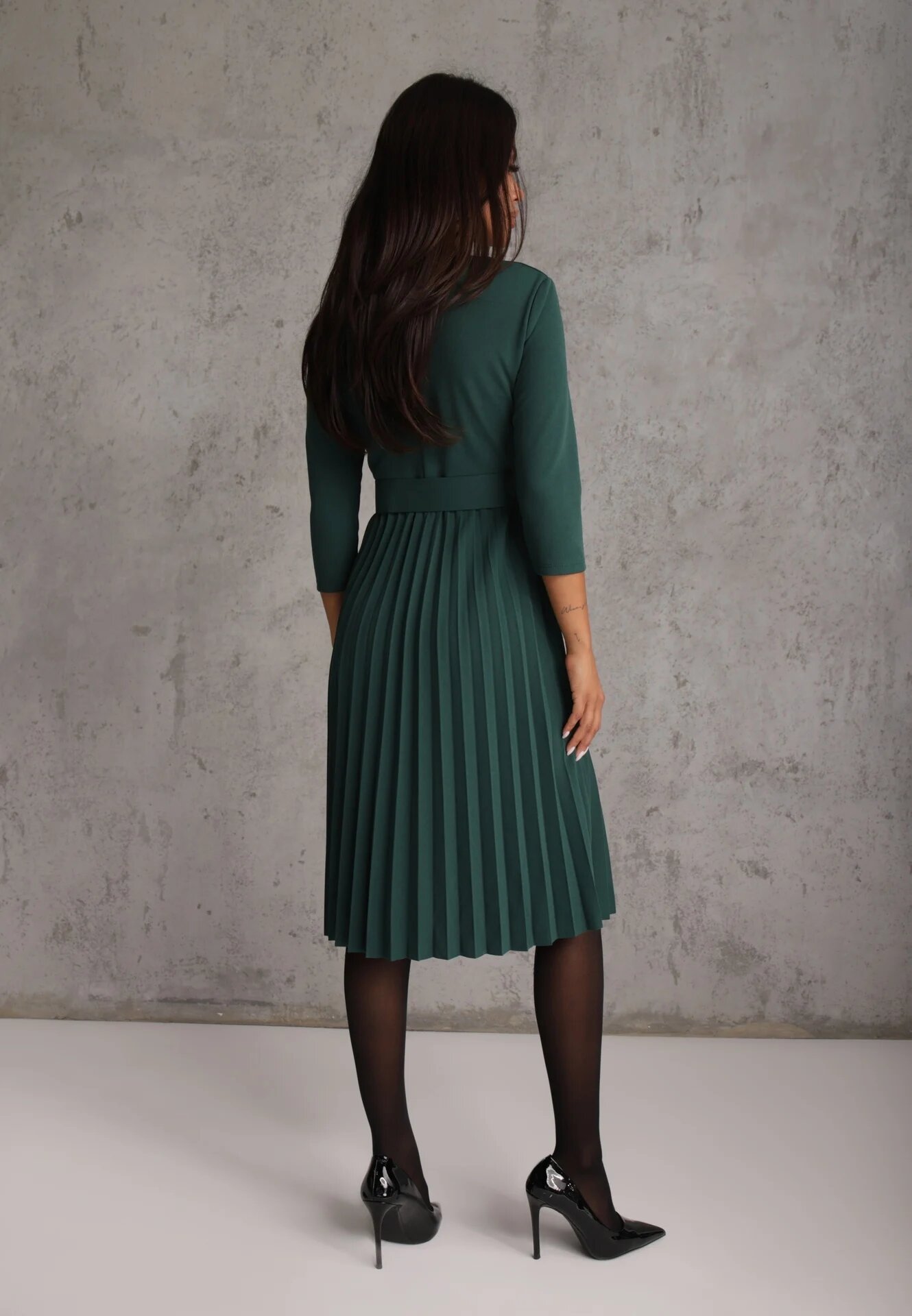 Made in Italy Rochie Verde închis Plisată cu croială evazată cu centură cu cataramă Annathiel