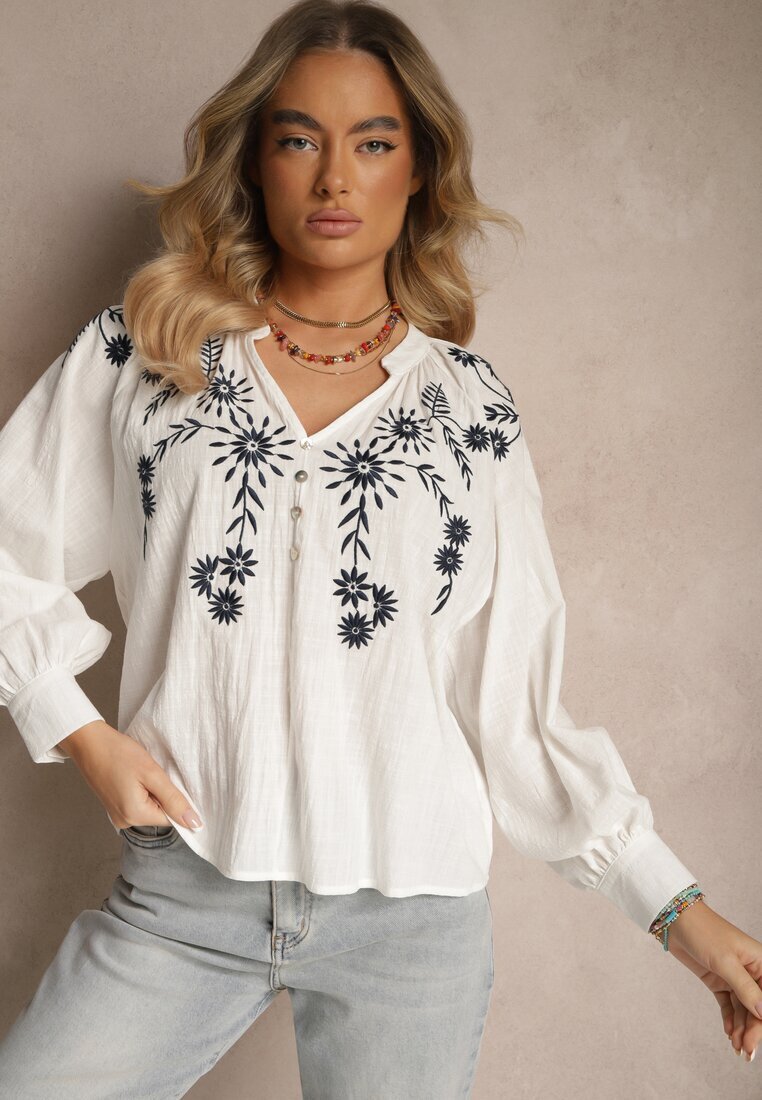 maja studio Bluză Albă de Viscoză Decorată cu Broderie Felsekia