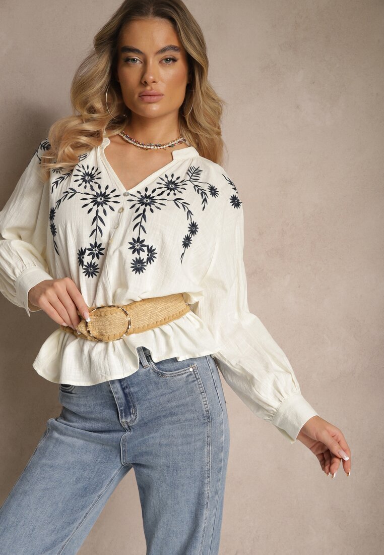 maja studio Bluză Bej și Bleumarin din Viscoză Decorată cu Broderie Felsekia