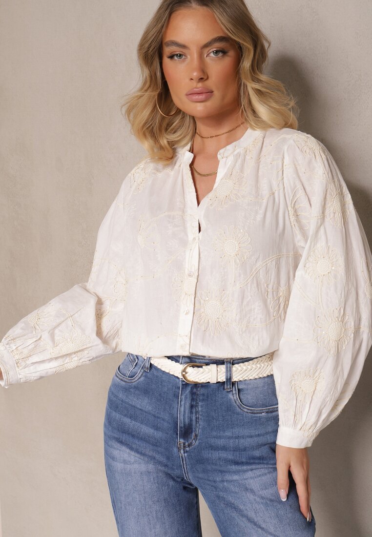 maja studio Cămașă Albă din bumbac cu broderie florală decorativă cu paiete Gonisia