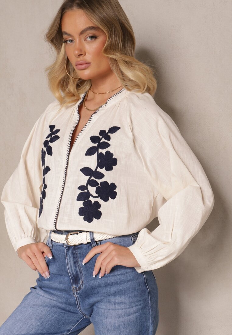 maja studio Cămașă bej din bumbac cu croială supradimensionată decorată cu broderie florală Felvesia