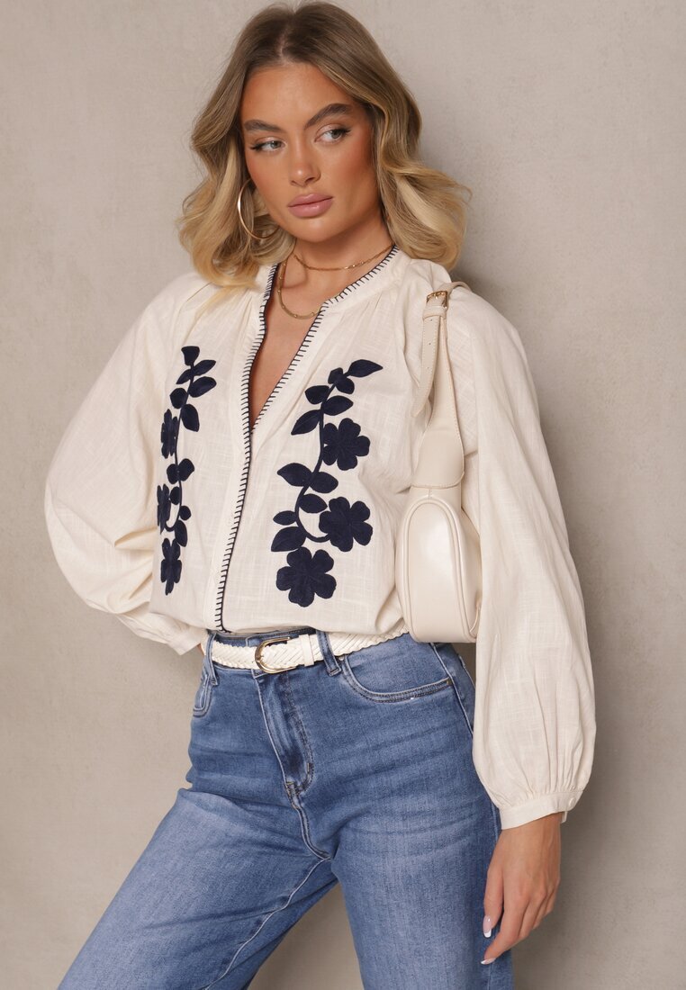 maja studio Cămașă bej din bumbac cu croială supradimensionată decorată cu broderie florală Felvesia