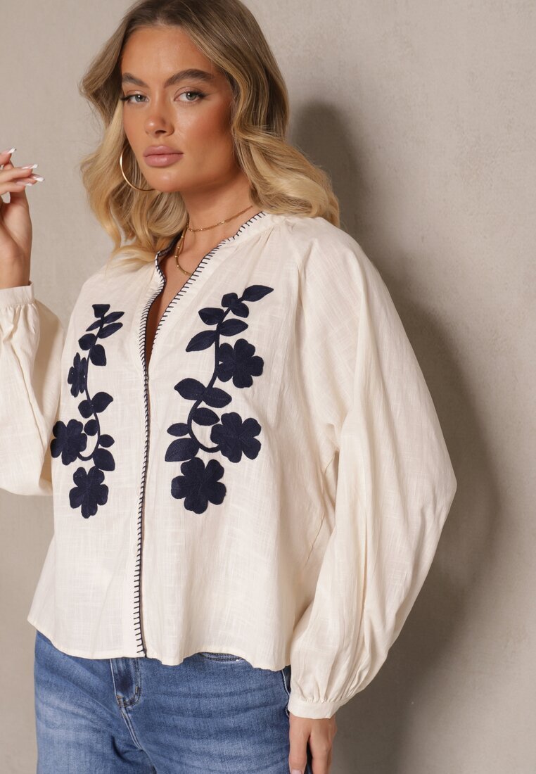 maja studio Cămașă bej din bumbac cu croială supradimensionată decorată cu broderie florală Felvesia