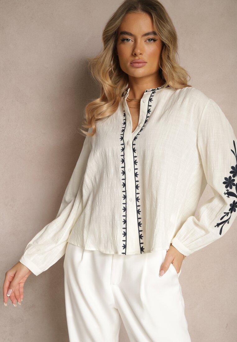 maja studio Cămașă bej din bumbac cu decolteu rotund și broderie decorativă Gonadiel