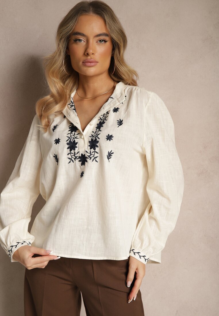 maja studio Cămașă bej din bumbac cu guler tunică nasturi și broderie decorativă Gonnalia