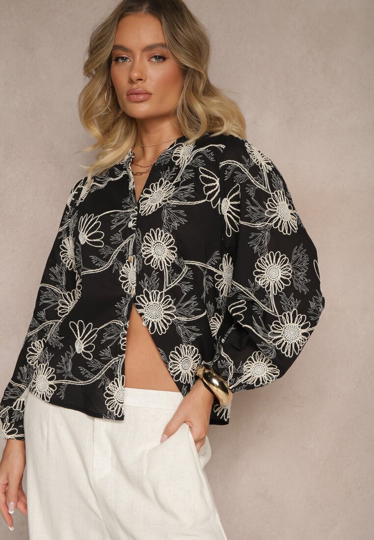 maja studio Cămașă Neagră din Bumbac cu Broderie Florală Decorativă cu Paiete Gonisia