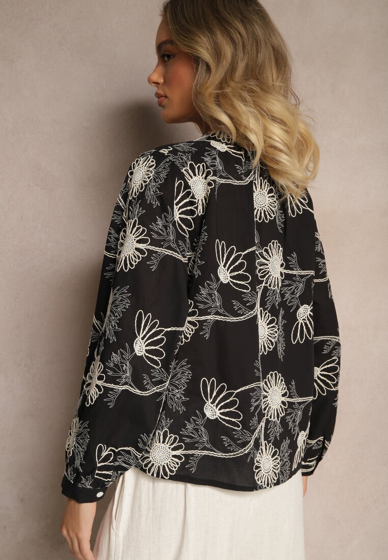 maja studio Cămașă Neagră din Bumbac cu Broderie Florală Decorativă cu Paiete Gonisia
