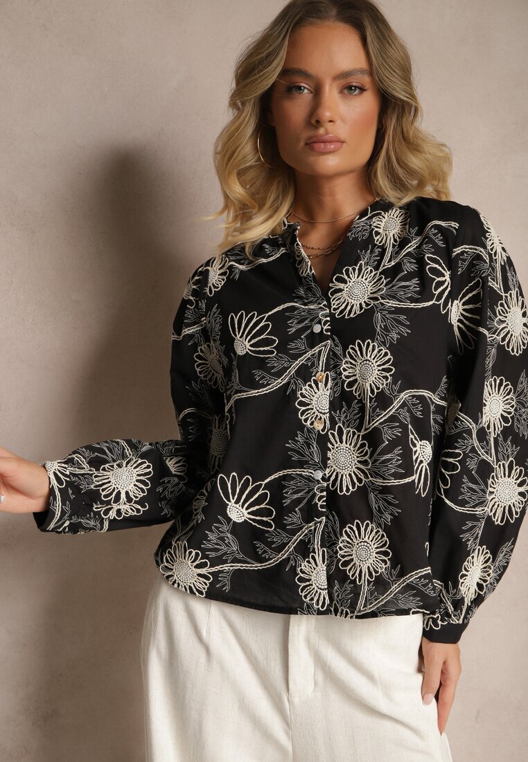 maja studio Cămașă Neagră din Bumbac cu Broderie Florală Decorativă cu Paiete Gonisia