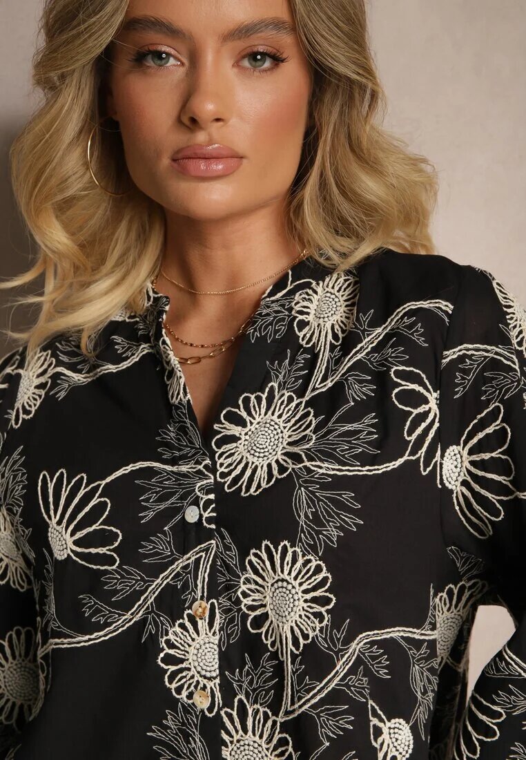 maja studio Cămașă Neagră din Bumbac cu Broderie Florală Decorativă cu Paiete Gonisia