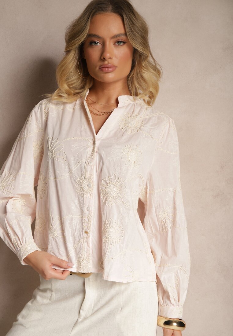 maja studio Cămașă Roz din Bumbac cu Broderie Florală Decorativă cu Paiete Gonisia