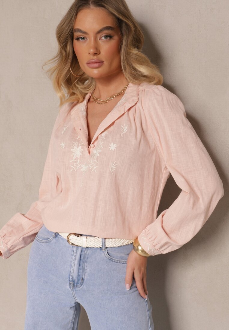 maja studio Cămașă roz din bumbac cu guler tip tunica nasturi și broderie decorativă Gonnalia