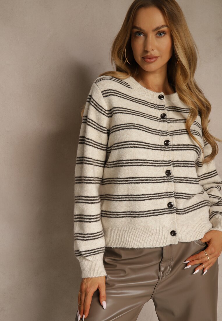 maja studio Cardigan Bej cu Adaos de Lână Ornat cu Model în Dungi și cu o Capă Fedira