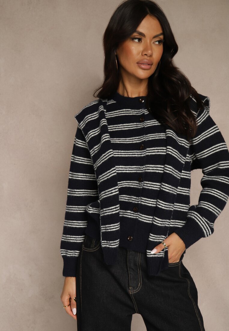 maja studio Cardigan Bleumarin cu adaos de lână decorat cu model în dungi și pelerină Fedira