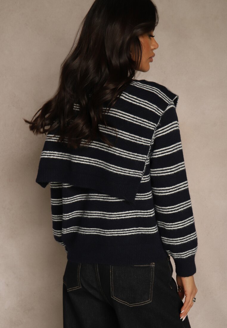 maja studio Cardigan Bleumarin cu adaos de lână decorat cu model în dungi și pelerină Fedira
