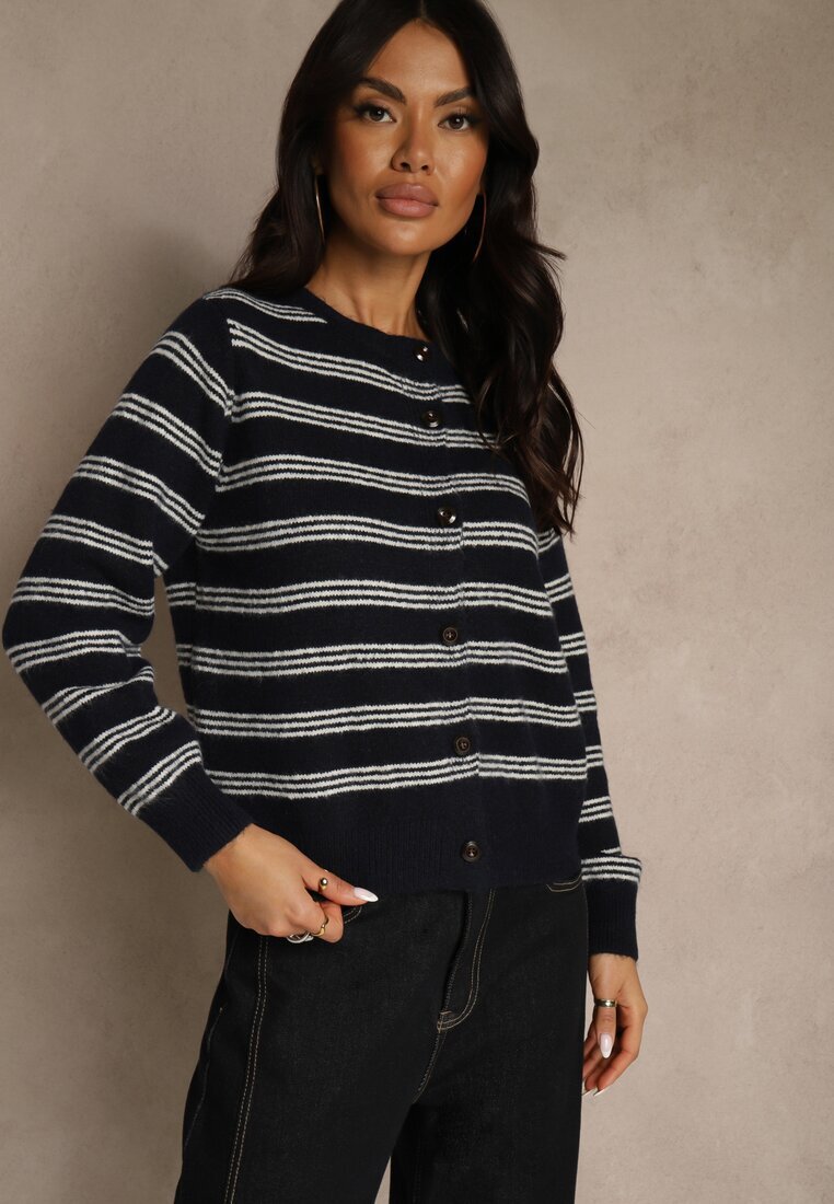 maja studio Cardigan Bleumarin cu adaos de lână decorat cu model în dungi și pelerină Fedira