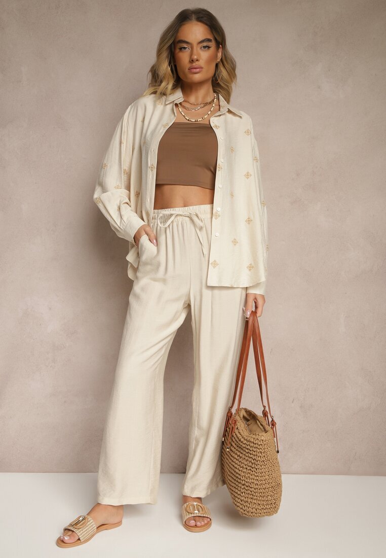 maja studio Compleu Bej Oversize din Viscoză Brodat Cămașă și Pantaloni Sadrianae