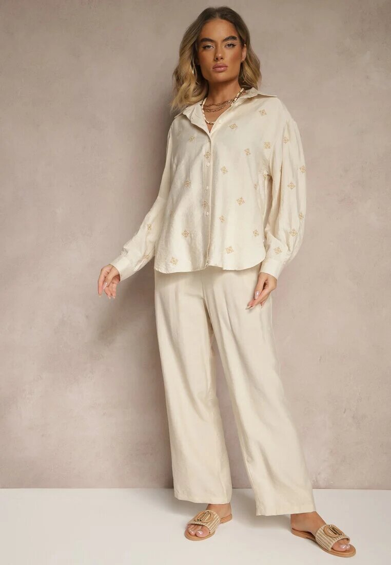 maja studio Compleu Bej Oversize din Viscoză Brodat Cămașă și Pantaloni Sadrianae