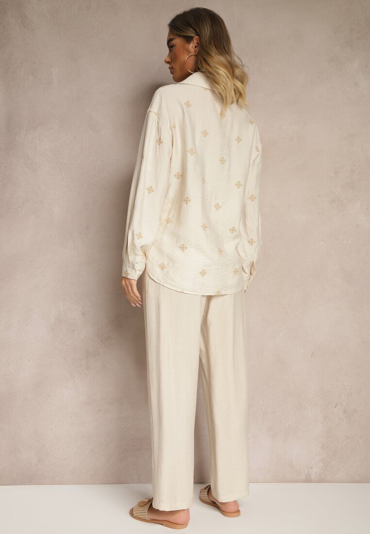 maja studio Compleu Bej Oversize din Viscoză Brodat Cămașă și Pantaloni Sadrianae