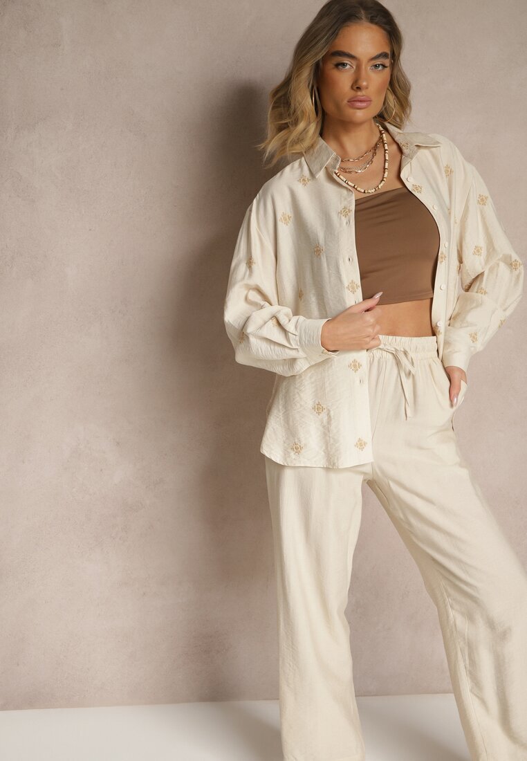 maja studio Compleu Bej Oversize din Viscoză Brodat Cămașă și Pantaloni Sadrianae