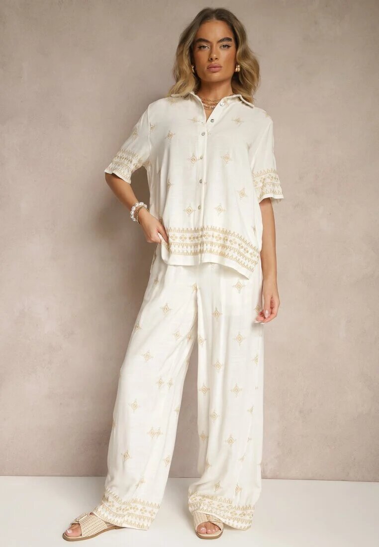 maja studio Compleu din Viscoză Alb-Bej Oversize cu Broderie Cămașă și Pantaloni Iffussa