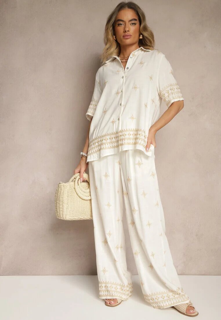 maja studio Compleu din Viscoză Alb-Bej Oversize cu Broderie Cămașă și Pantaloni Iffussa