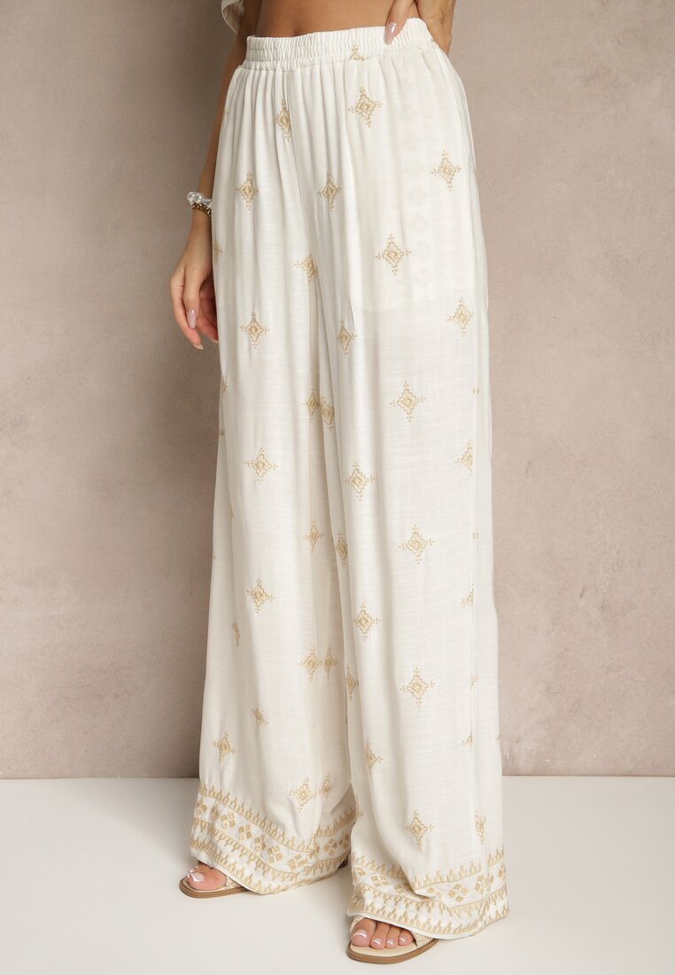 maja studio Compleu din Viscoză Alb-Bej Oversize cu Broderie Cămașă și Pantaloni Iffussa