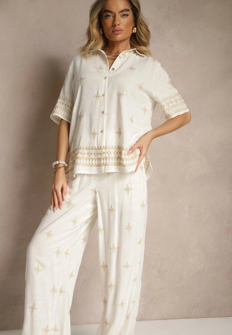 maja studio Compleu din Viscoză Alb-Bej Oversize cu Broderie Cămașă și Pantaloni Iffussa