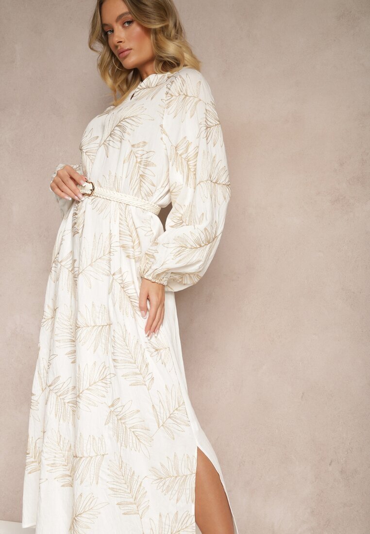 maja studio Rochie Albă din Vâscoză Decorată cu Broderii și Fir Metalic Tervezia