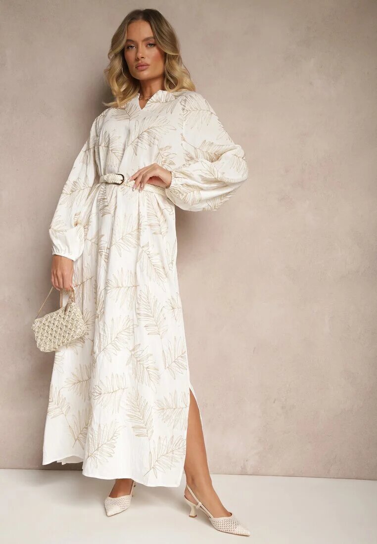 maja studio Rochie Albă din Vâscoză Decorată cu Broderii și Fir Metalic Tervezia