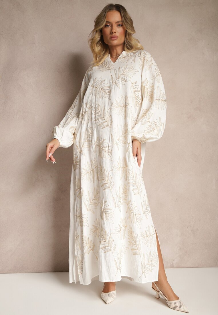 maja studio Rochie Albă din Vâscoză Decorată cu Broderii și Fir Metalic Tervezia