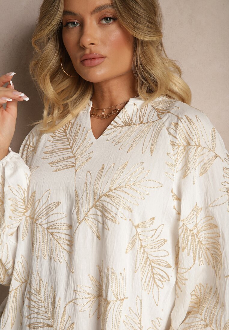 maja studio Rochie Albă din Vâscoză Decorată cu Broderii și Fir Metalic Tervezia