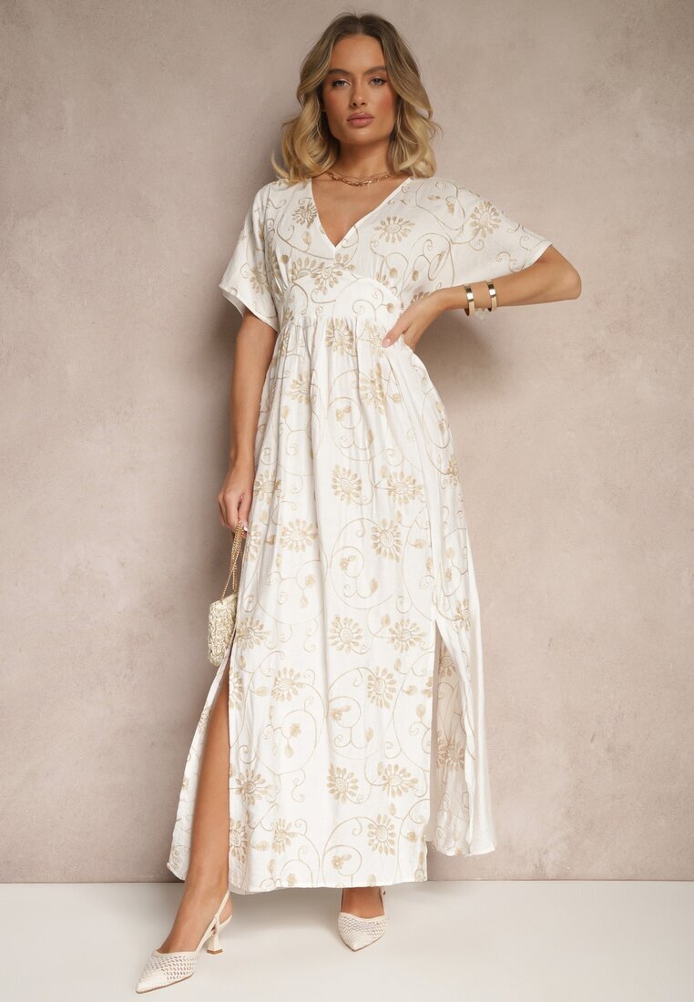 maja studio Rochie Albă din Viscoză Decorată cu Broderie și cu Fir Metalic Ivelvesa
